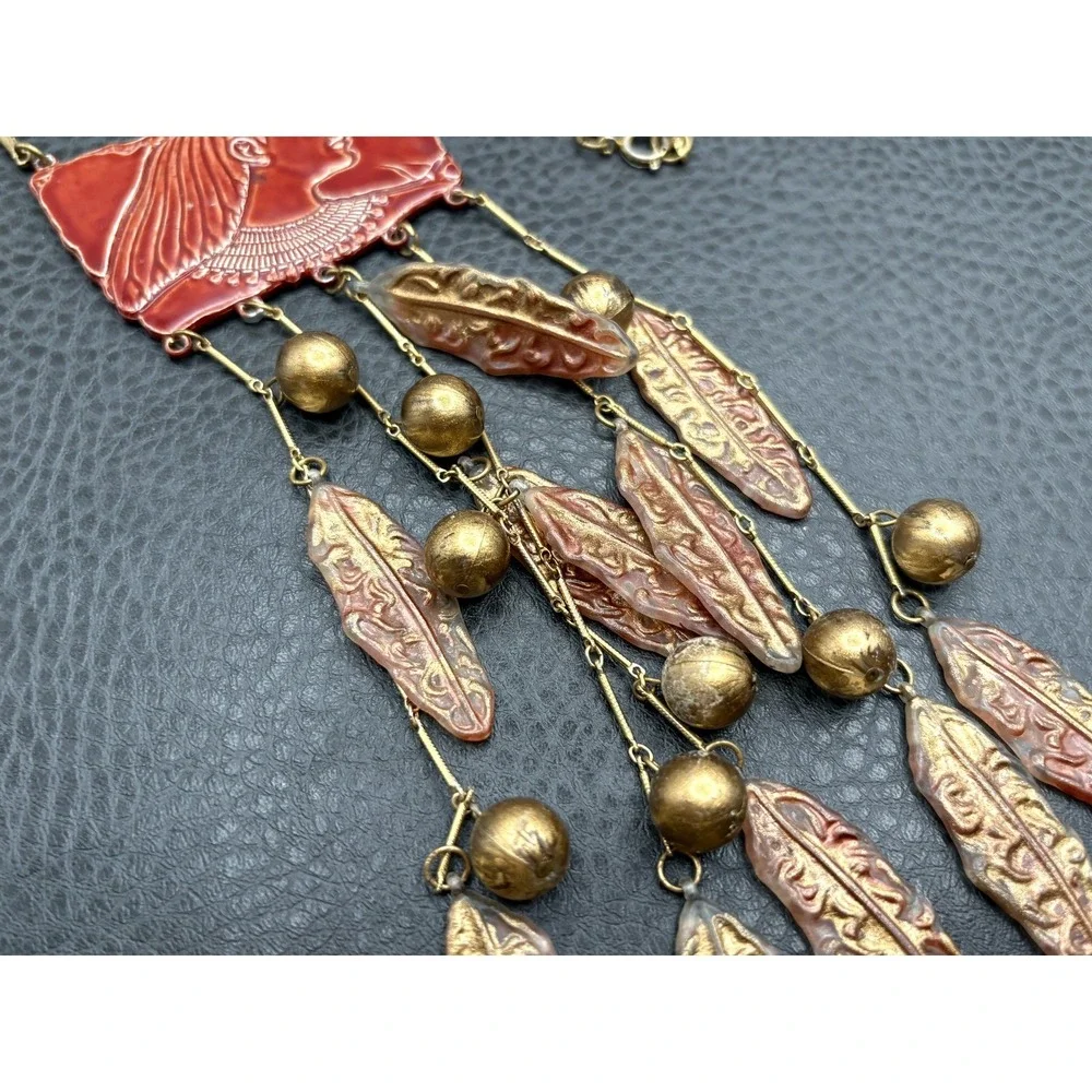 Vintage Lady Face Egyptian Revival Red Huge Waterfall Fringe Dangle Necklace 18